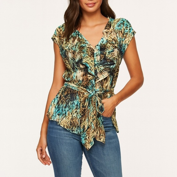 NWT Worthington Blue/Neutral Animal Print Belted Blouse Top - Picture 1 of 3